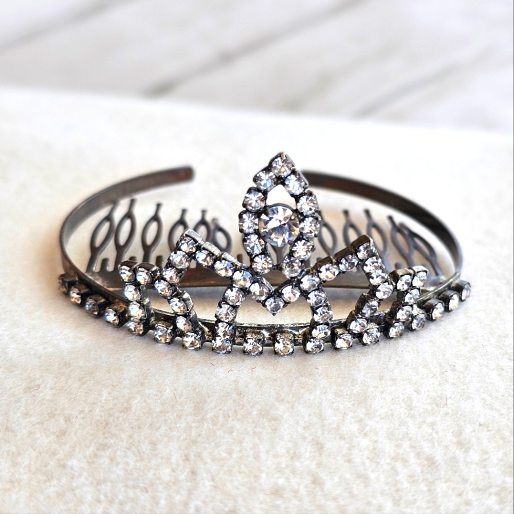 Rare Vintage 1950's Tiara Crown Silver Metal Diamond Rhinestones Hair Comb - Picture 1 of 16